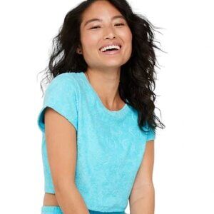 New Offline by Aerie Terry Smiley Faces Tee Blue Greenish Top Women’s Size Small